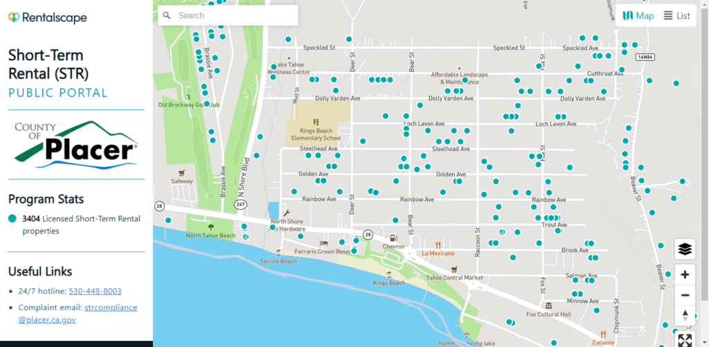 Screenshot of Placer County STR map taking July 2, 2024