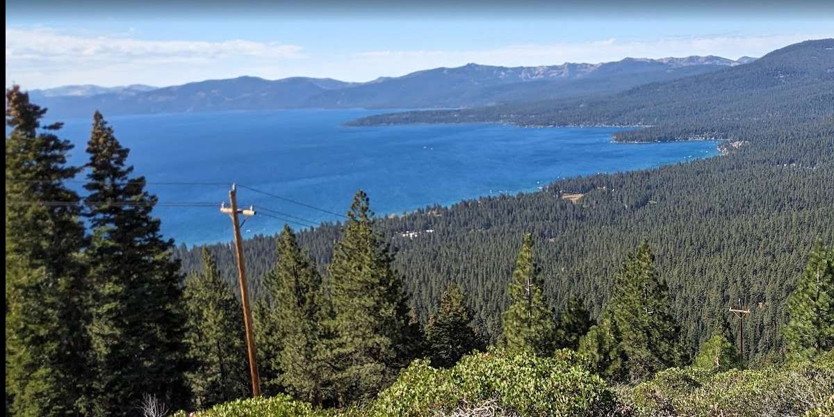 Lake Tahoe and North Tahoe forest with power lines in the foreground.